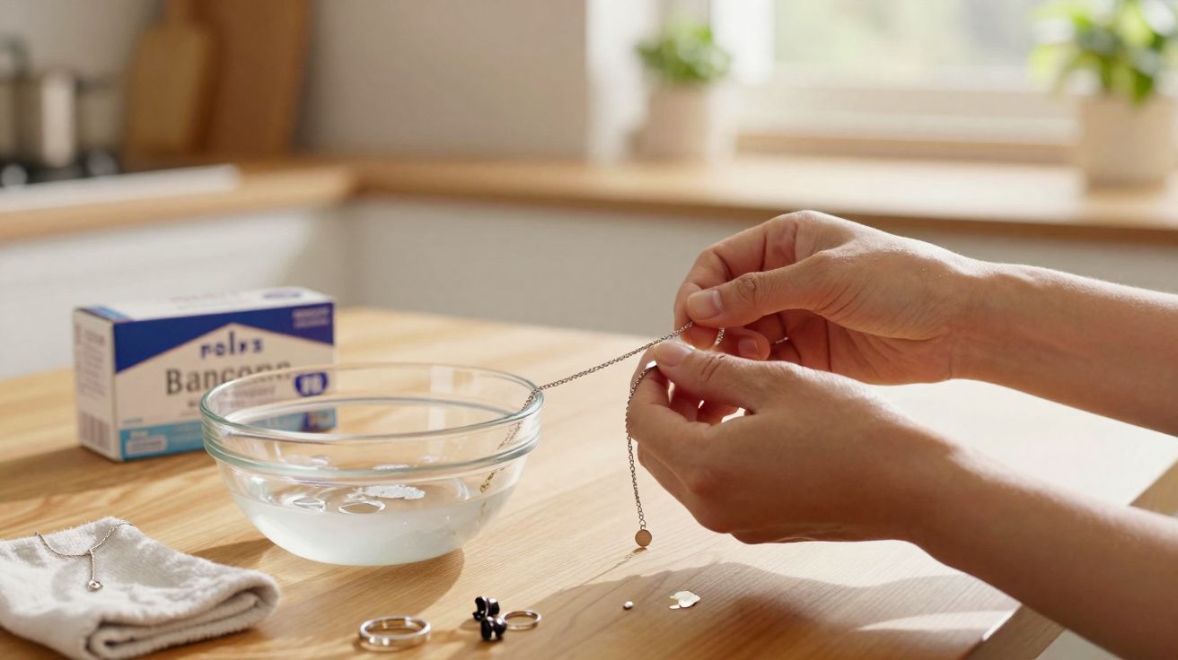 Mãos a limpar uma corrente de prata com uma solução em bacia numa cozinha iluminada.