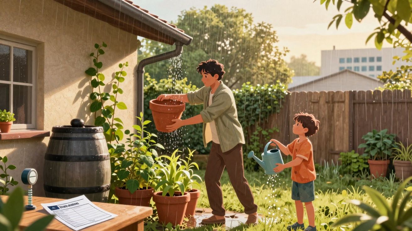 Homem e menino a regar plantas num jardim ensolarado atrás de casa com regador e vaso.