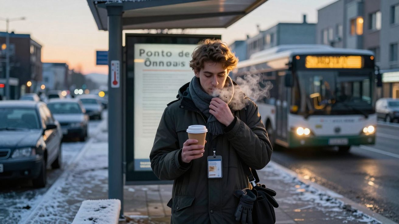 Jovem a fumar e a beber café numa paragem de autocarro numa rua coberta de neve ao pôr do sol.