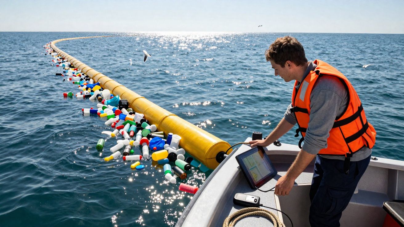 Homem com colete salva-vidas numa embarcação, operando equipamento junto a barreira flutuante que recolhe plástico no mar.