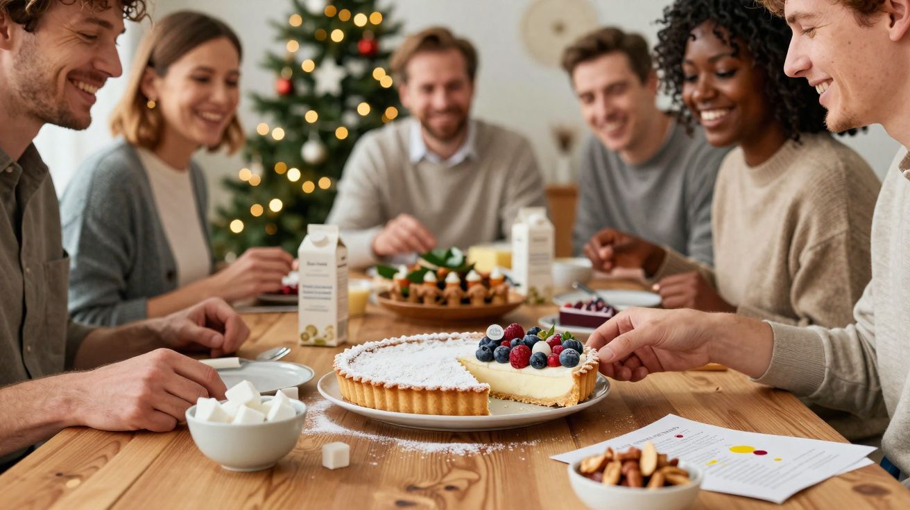 Grupo de amigos a partilhar sobremesa à volta de mesa com árvore de Natal decorada ao fundo.