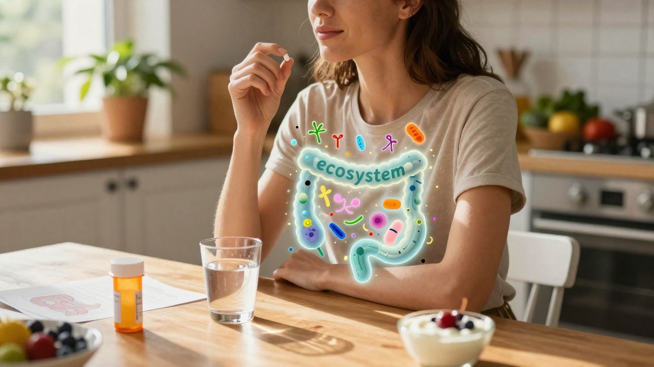 Mulher segura comprimido com representação gráfica do ecossistema intestinal em sobreposição.