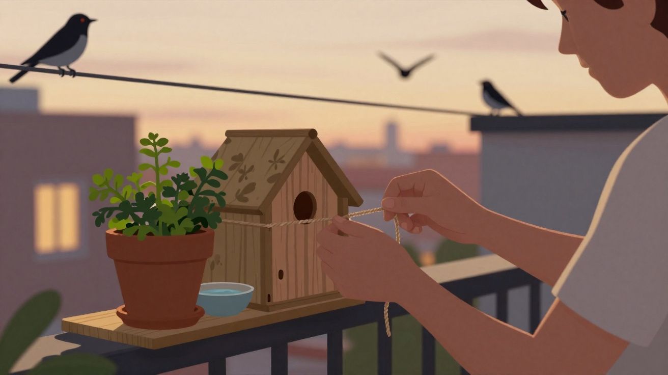 Pessoa a colocar um fio num comedouro de pássaros numa varanda ao pôr do sol.