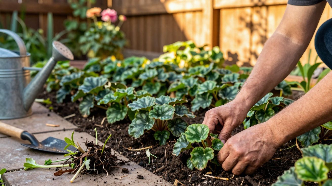 Mãos a plantar ou transplantar rebentos em terra de canteiro de jardim com regador e enxada ao lado.
