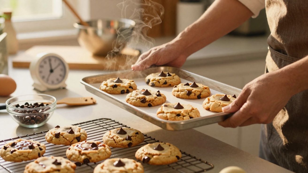 Pessoa a retirar tabuleiro com bolachas quentes de chocolate do forno numa cozinha iluminada.