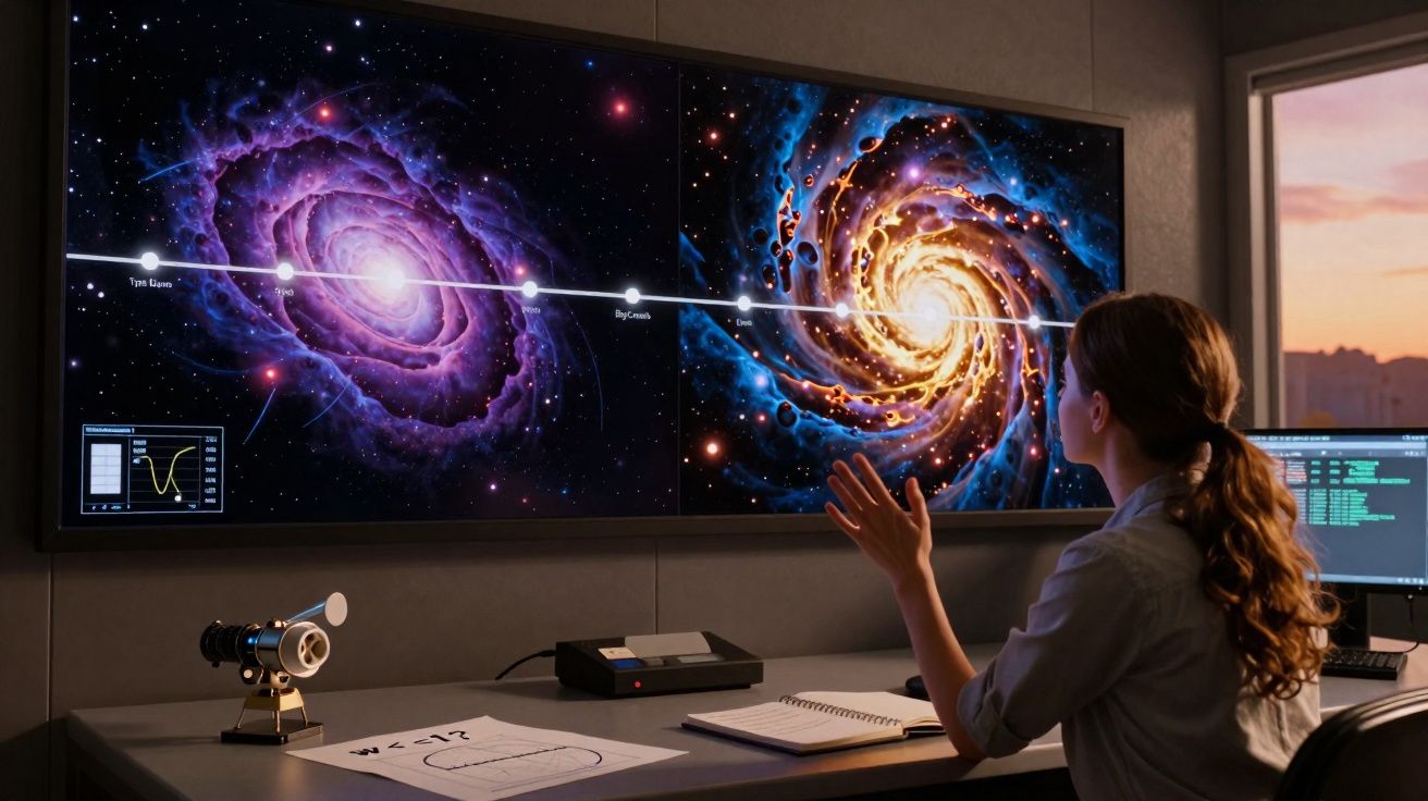 Mulher a analisar imagens de galáxias espirais em ecrãs grandes numa sala de controlo científica.