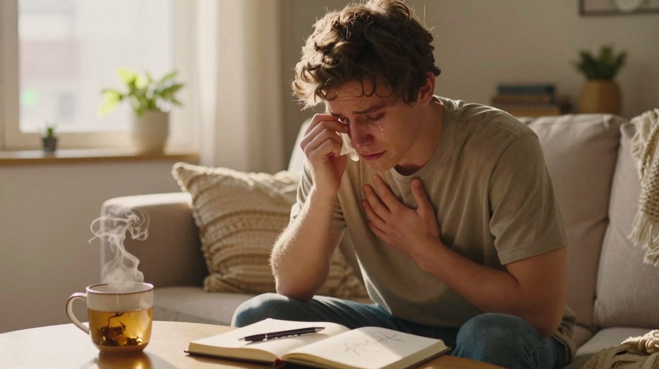 Jovem sentado no sofá a limpar lágrimas com lenço, ao lado de chá quente e caderno aberto numa mesa.