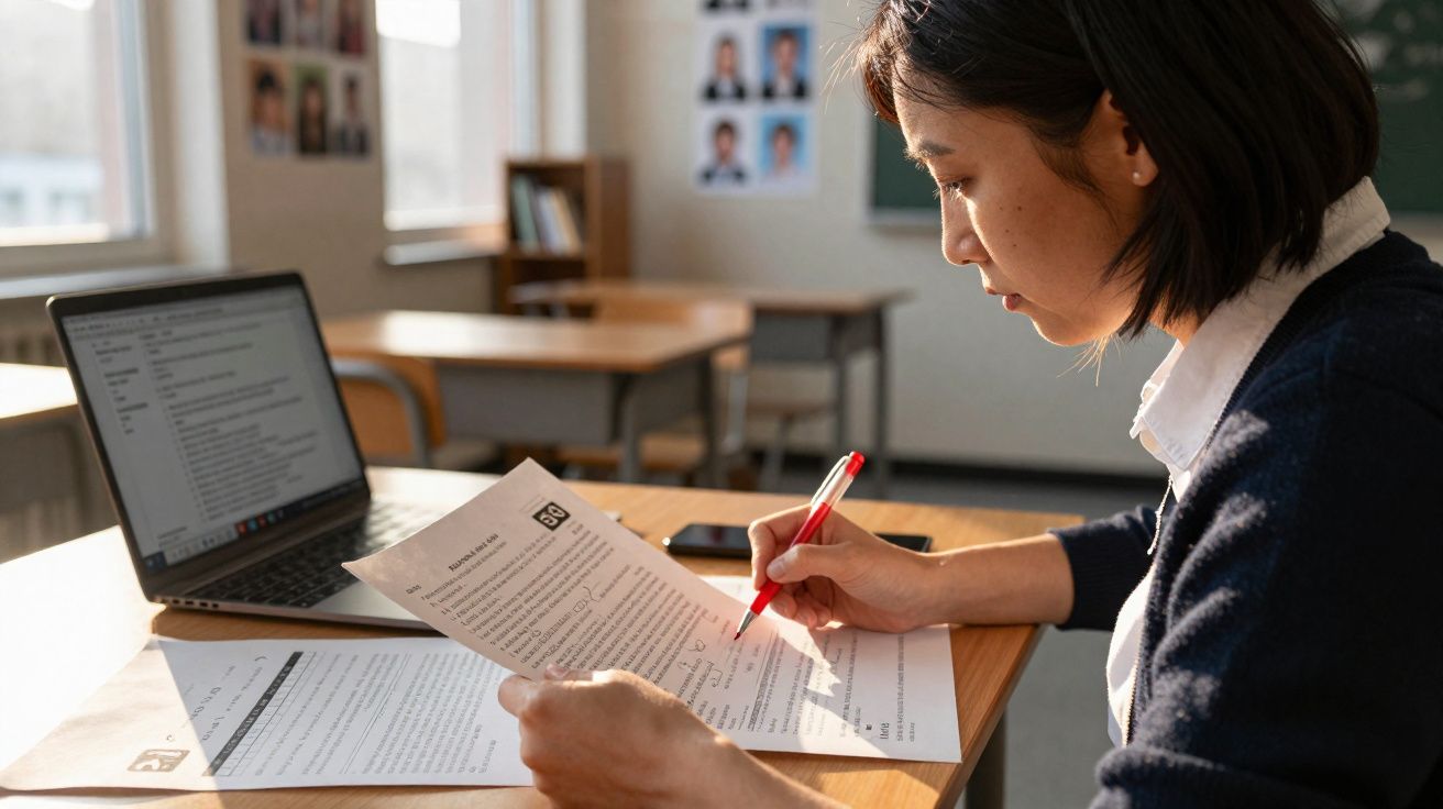 Mulher num escritório a corrigir documentos com caneta vermelha, com portátil aberto numa secretária.