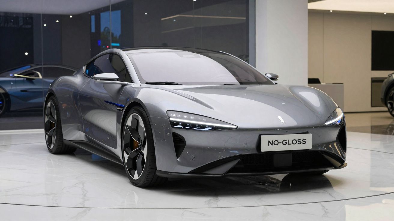 Carro elétrico desportivo cinzento prateado, moderno, estacionado em showroom com chão branco brilhante.