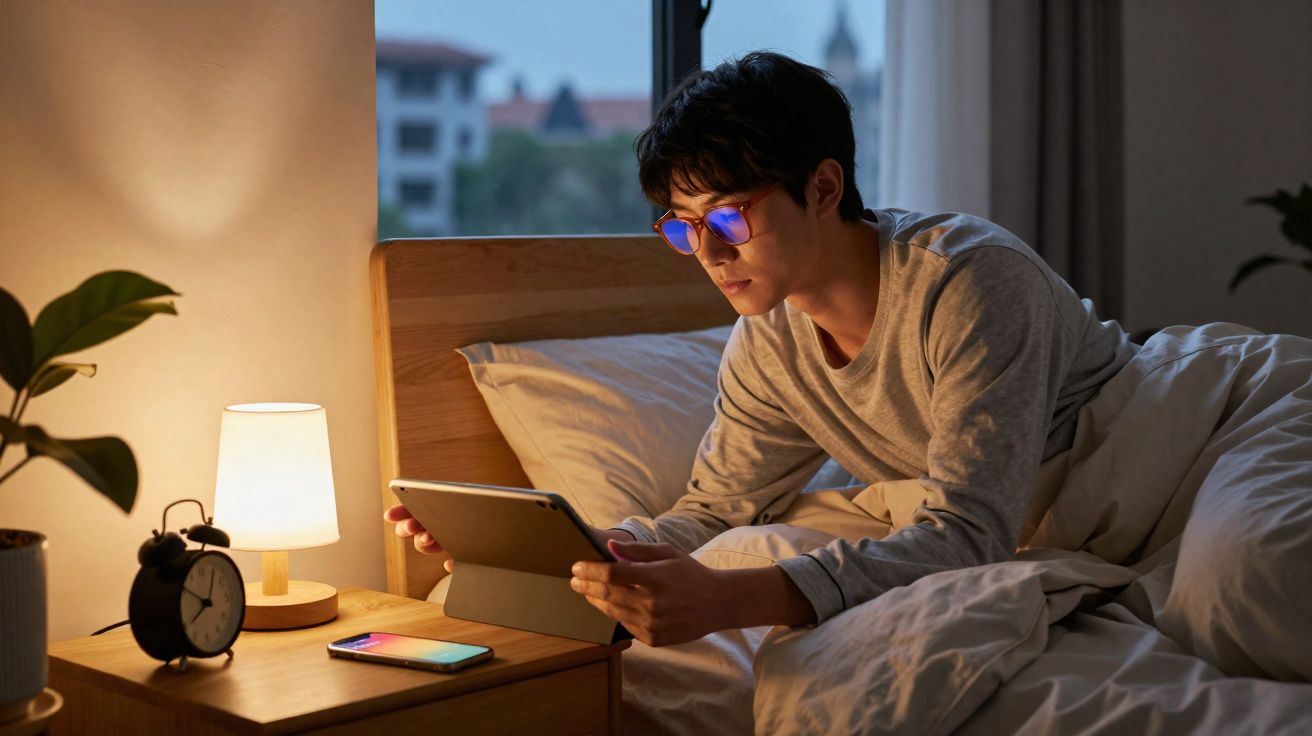 Jovem de óculos azuis usa tablet na cama com iluminação suave ao lado de candeeiro e relógio.