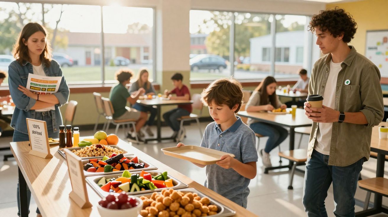 Criança com tabuleiro na mão em fila de cantina escolar, acompanhada por adulto, enquanto pessoas almoçam ao fundo.