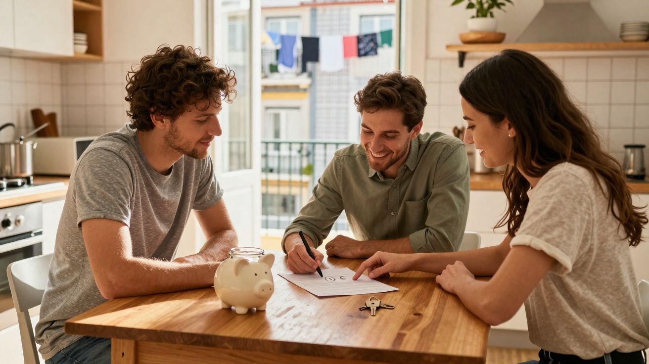 Três jovens sentados à mesa na cozinha, sorrindo e a assinar documentos com mealheiro e chaves à frente.