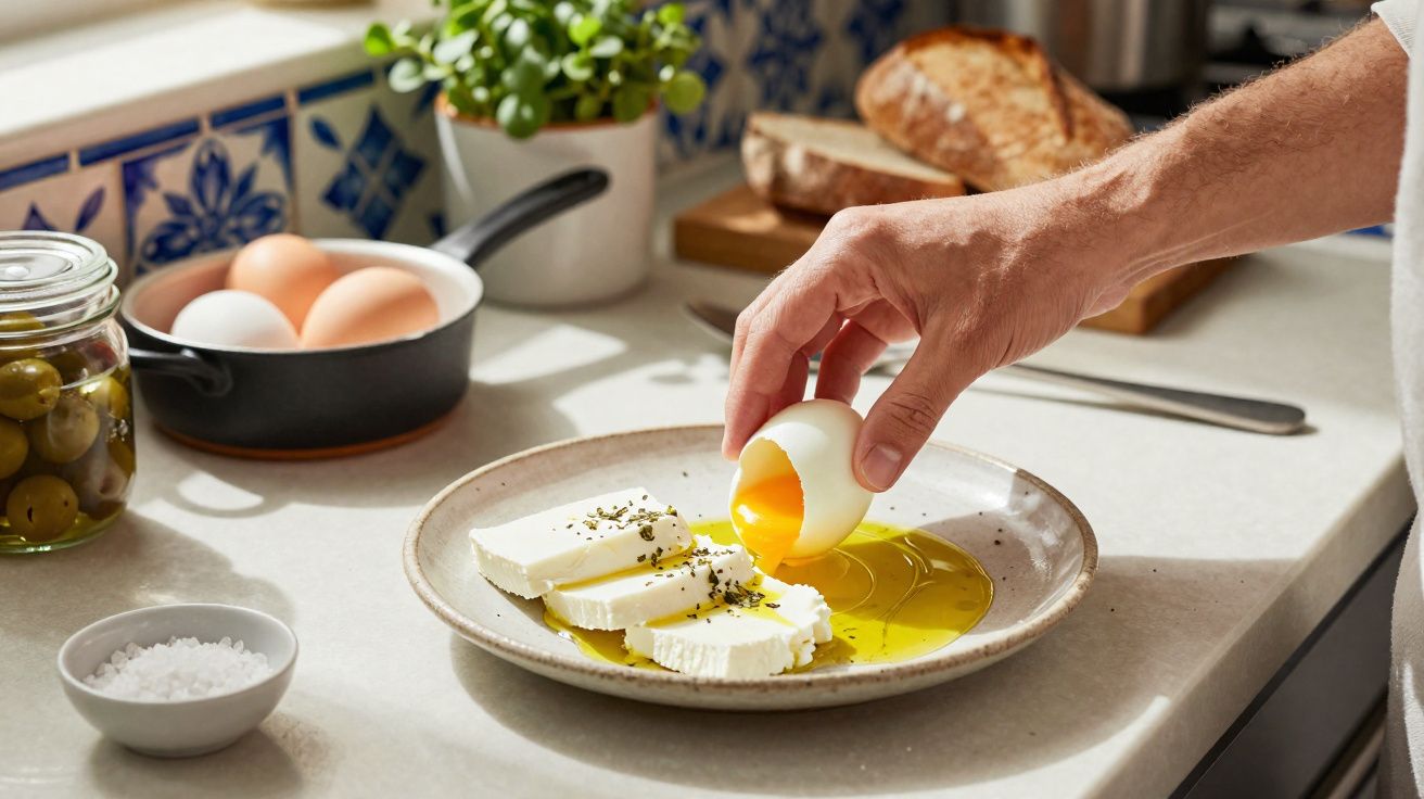 Mão a partir ovo mole sobre queijo branco com azeite e pimenta numa cozinha iluminada.