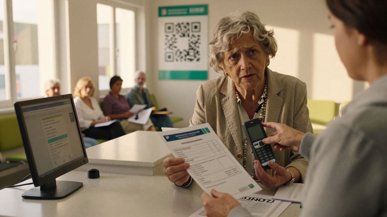 Idosa apresenta documento e cartão para atendimento numa receção com pessoas em espera ao fundo.