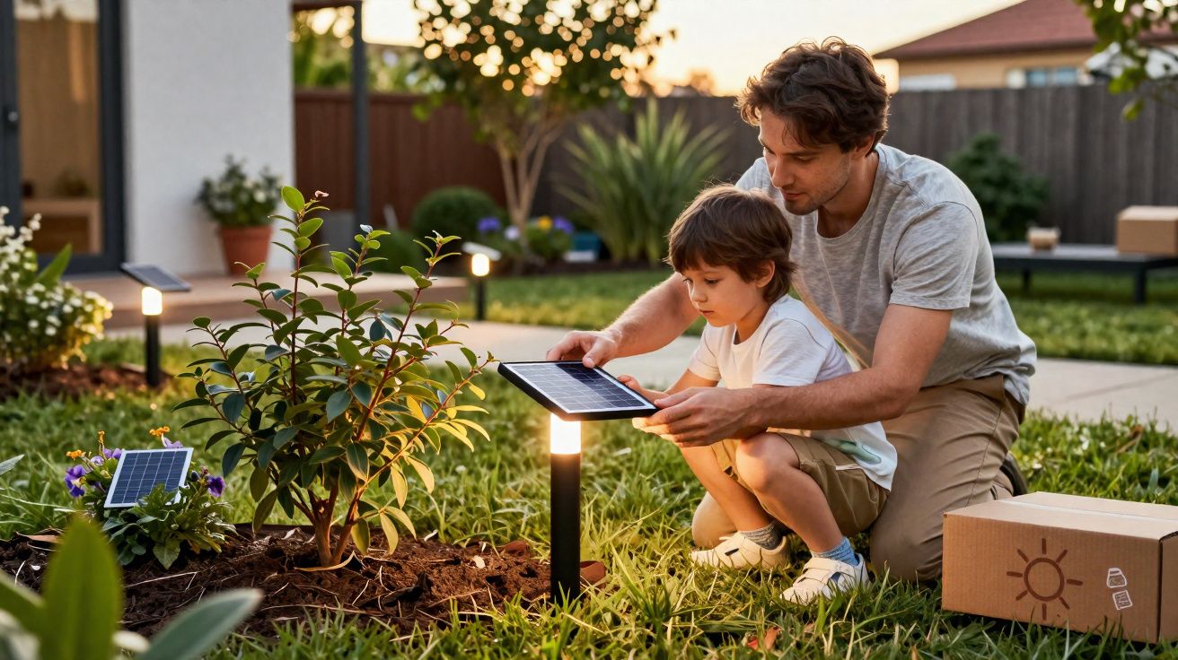 Pai e filho a instalar um painel solar num jardim durante o pôr do sol.