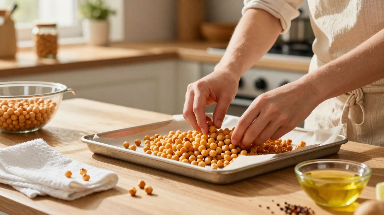 Mãos a espalhar grão-de-bico num tabuleiro metálico forrado com papel vegetal numa cozinha luminosa.
