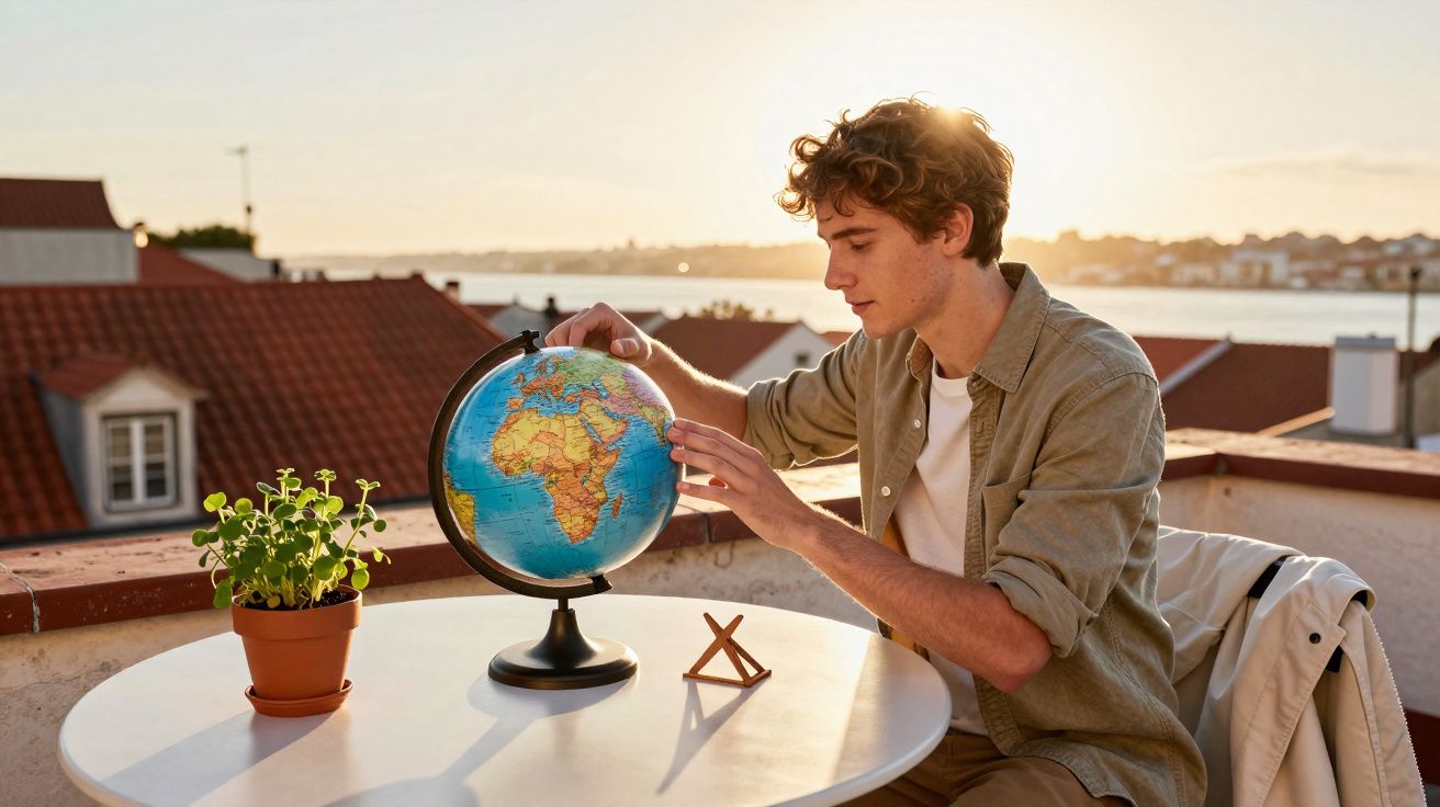 Jovem sentado numa mesa na varanda ao pôr do sol, a olhar para um globo terrestre, com uma planta ao lado.