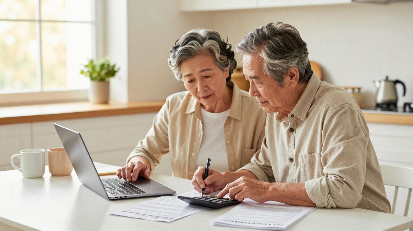 Casal sénior sentado à mesa a analisar documentos com portátil e calculadora numa cozinha iluminada.