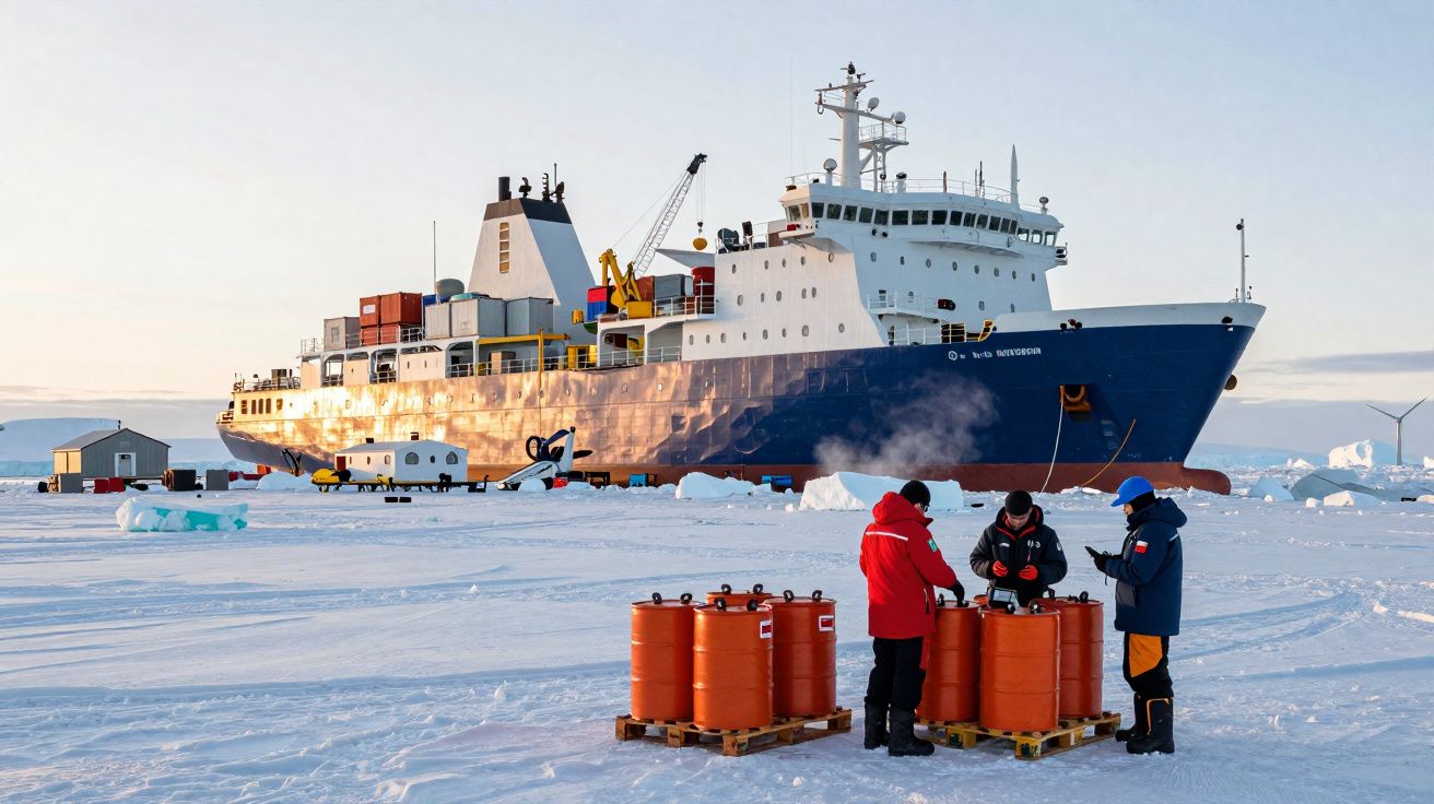 Navio de pesquisa e três pessoas na neve manuseando barris laranja em ambiente polar.