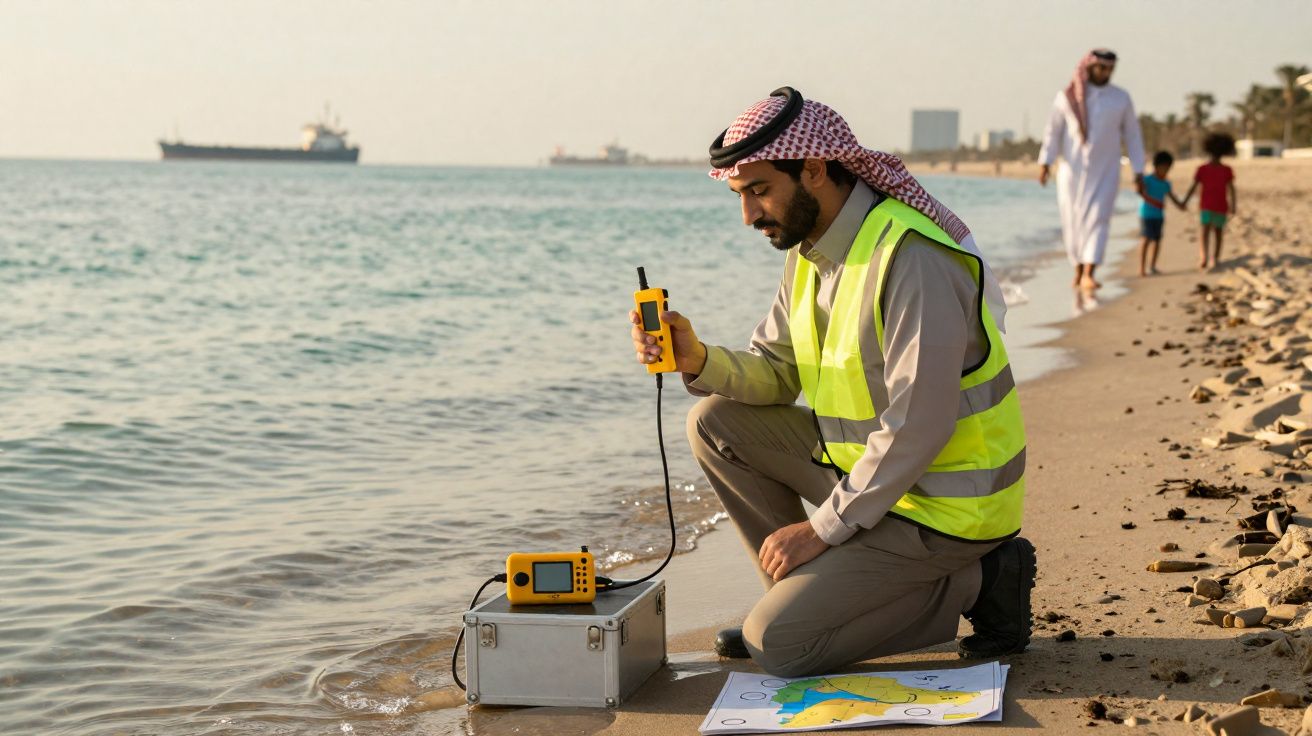Homem com colete refletor usa equipamento de medição junto ao mar numa praia arenosa.