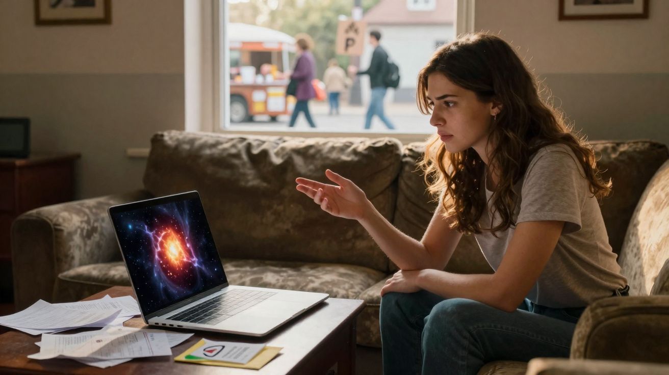 Mulher sentada no sofá a apontar para o ecrã do portátil que mostra uma imagem de galáxia.