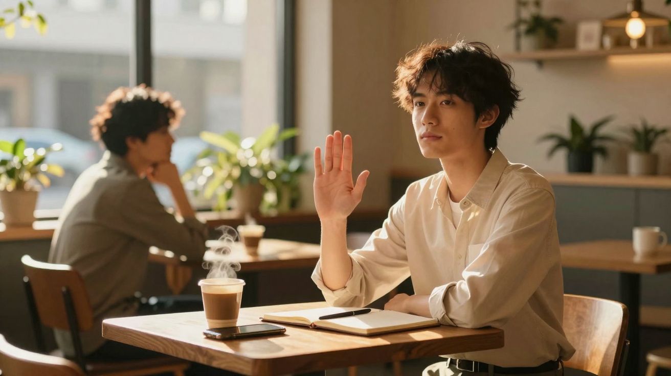 Jovem sentado numa mesa de café com caderno e bebida quente, levantando a mão.
