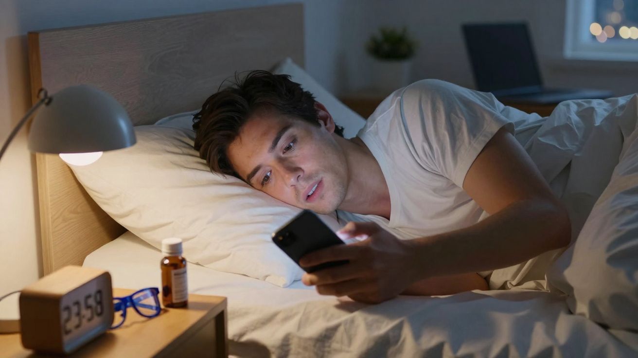 Homem deitado na cama à noite olhando para o ecrã do telemóvel, com relógio a mostrar 23:58 no criado mudo.