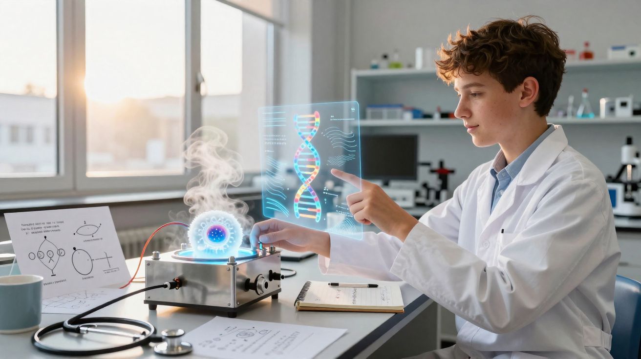 Jovem cientista num laboratório interagindo com hologramas de ADN e vírus enquanto faz experiências.