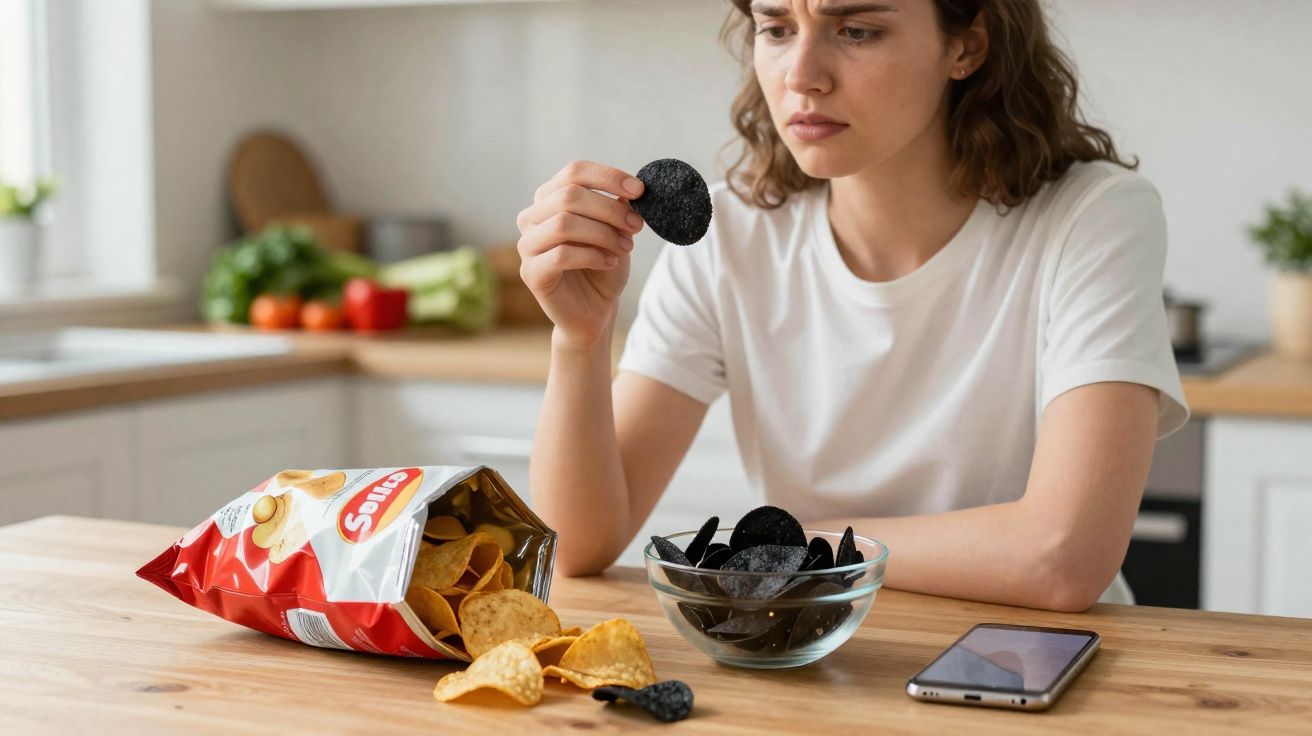 Mulher com expressão preocupada a olhar para um snack preto numa taça, perto de batatas normais e telemóvel na mesa.
