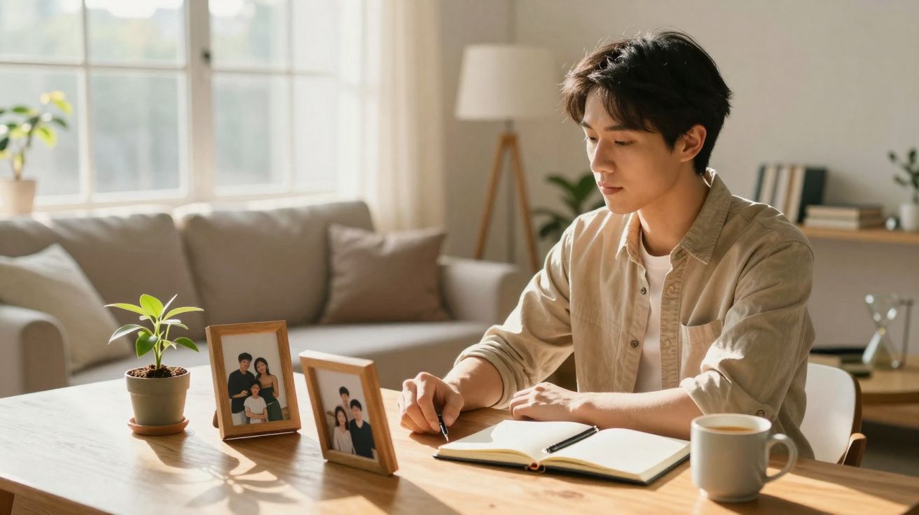 Jovem sentado a escrever num caderno numa sala luminosa, com fotos de família e uma planta na mesa.