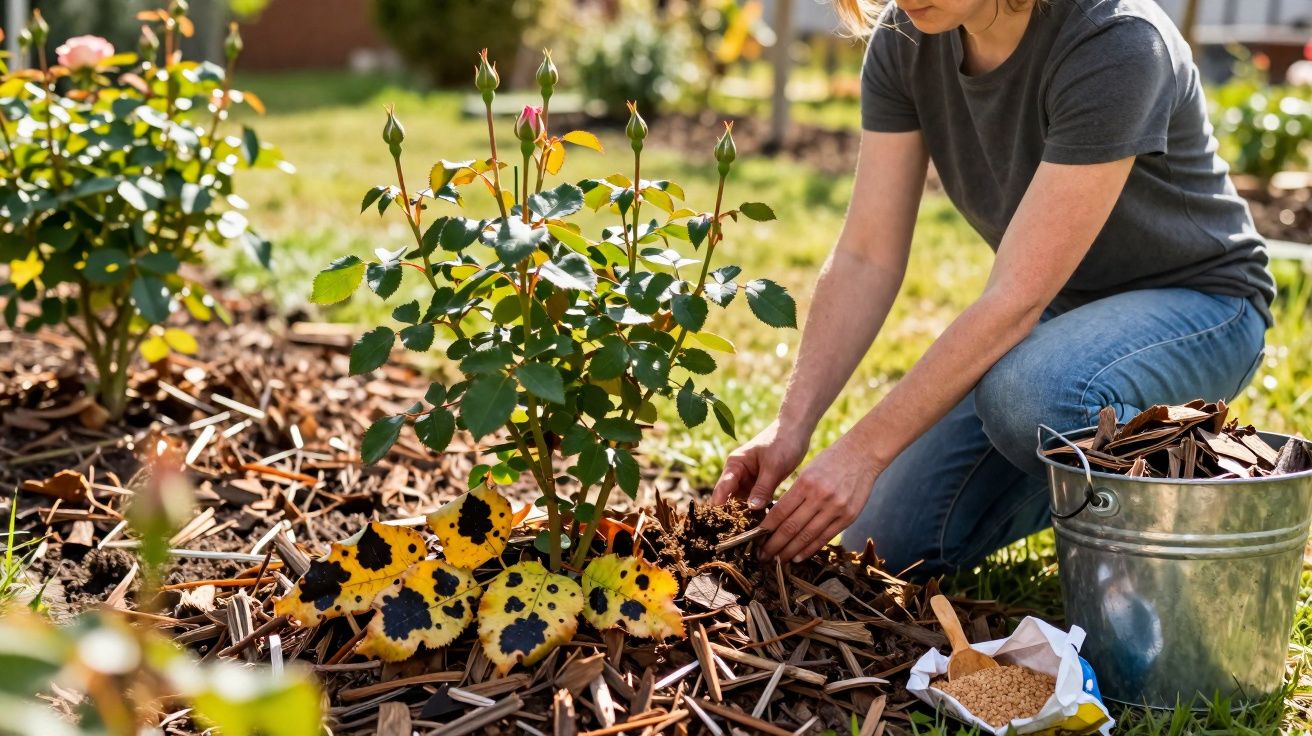 Pessoa a cuidar de uma roseira num jardim usando lama de madeira para cobertura do solo.
