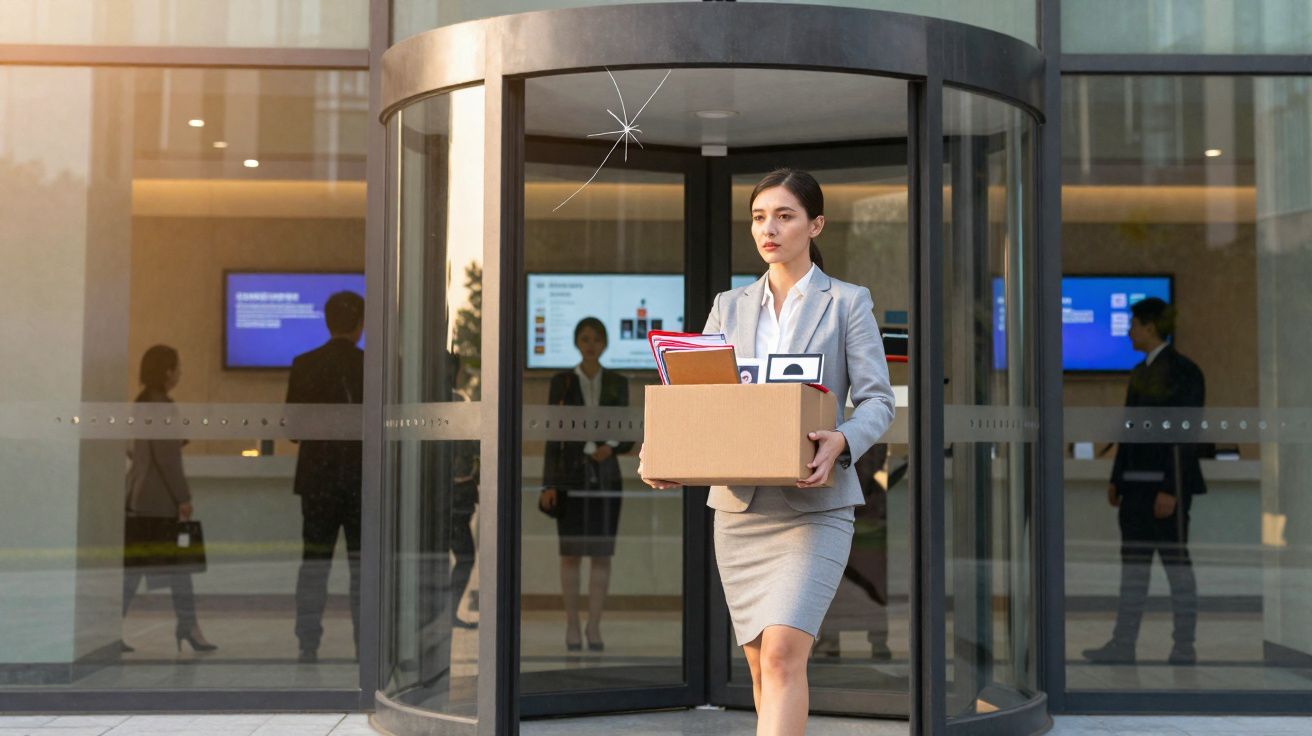 Mulher de negócios a sair de prédio com caixa de cartão cheia de objetos pessoais.