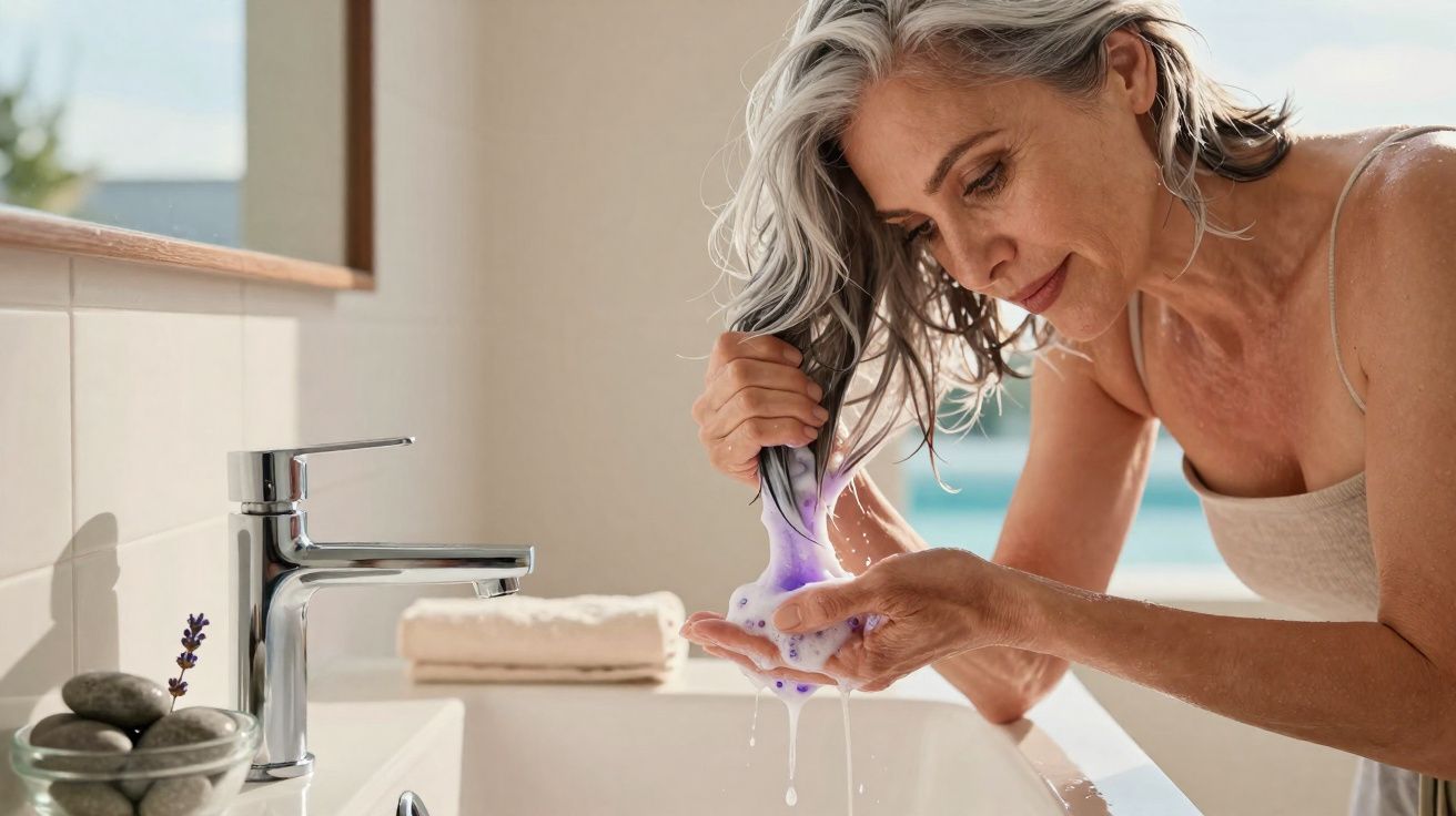 Mulher loira com cabelo cinza lava o cabelo com espuma roxa na casa de banho moderna.