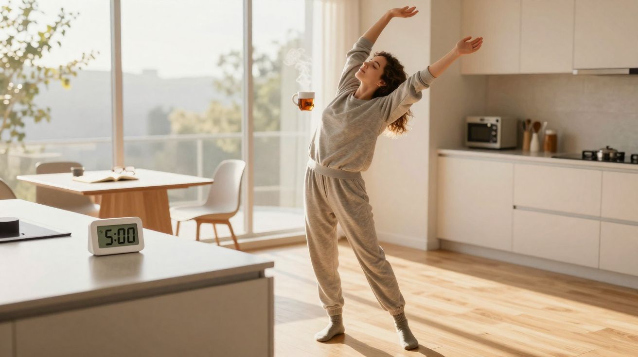 Mulher a alongar-se na cozinha com chá na mão, luz natural entra por janela grande ao amanhecer.