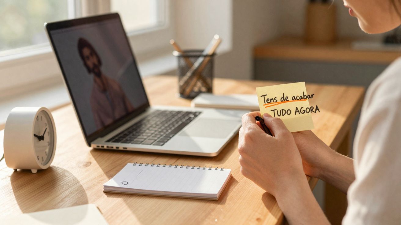 Pessoa segura nota com mensagem motivacional à frente de computador portátil numa secretária iluminada.