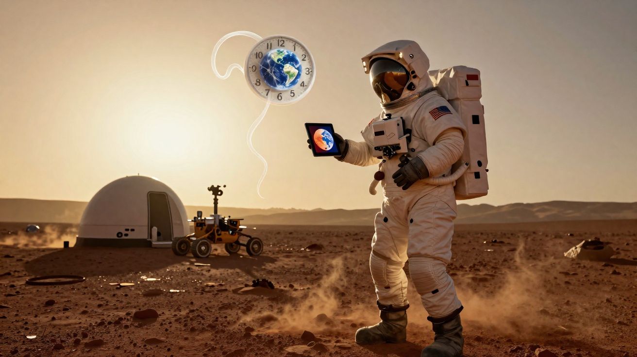 Astronauta em fato espacial na superfície de Marte, segurando um tablet com imagens da Terra e Marte.