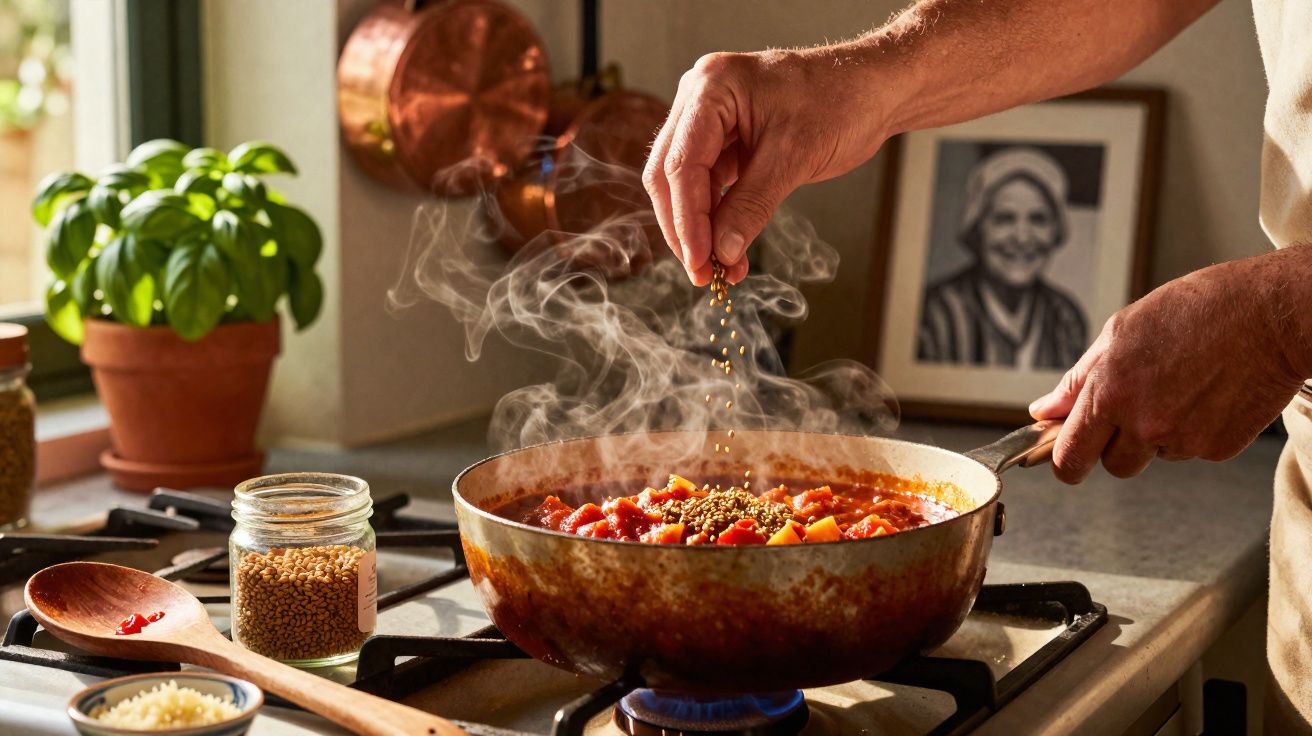 Mãos a temperar um guisado fumegante numa frigideira sobre fogão numa cozinha acolhedora.