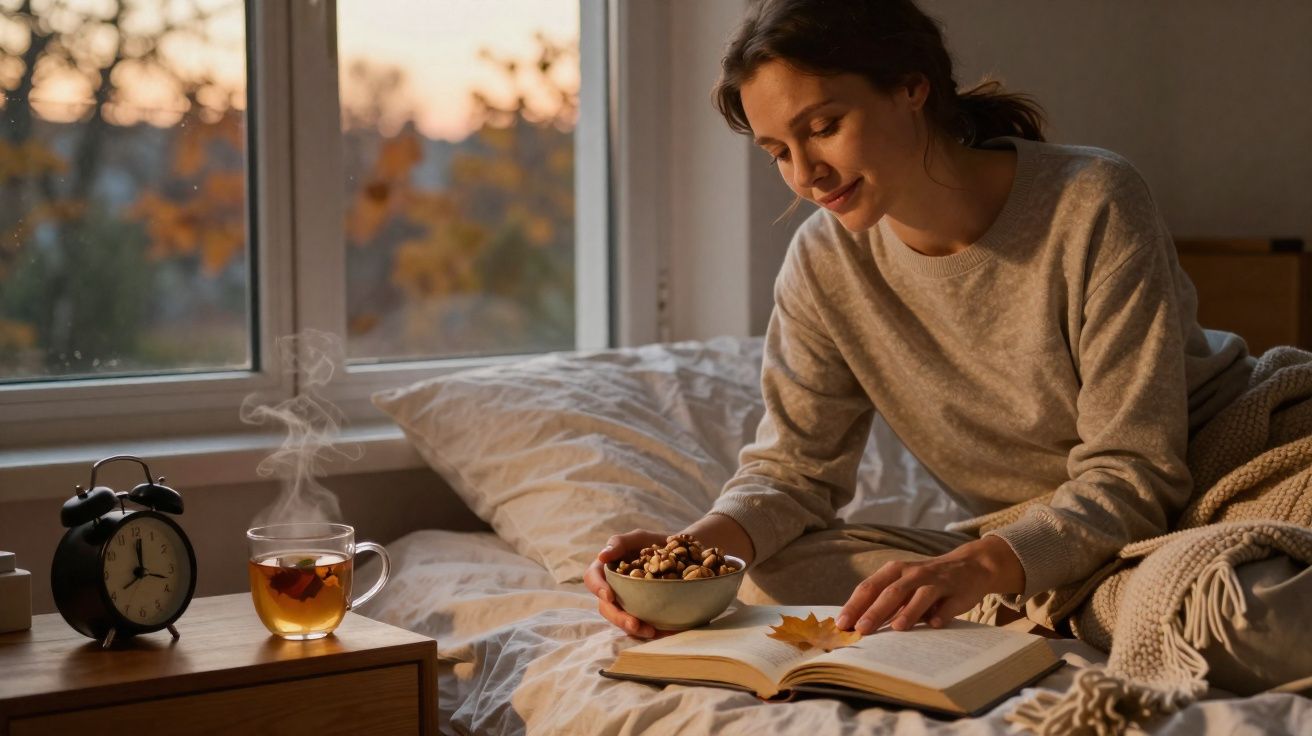 Mulher sentada na cama, lê livro segurando tigela de frutos secos, chá quente e relógio na mesa ao lado.