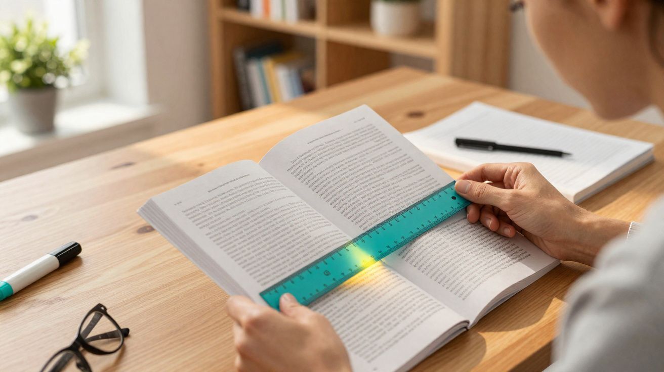 Pessoa usando régua azul para medir texto num livro aberto sobre mesa de madeira com caneta e óculos.