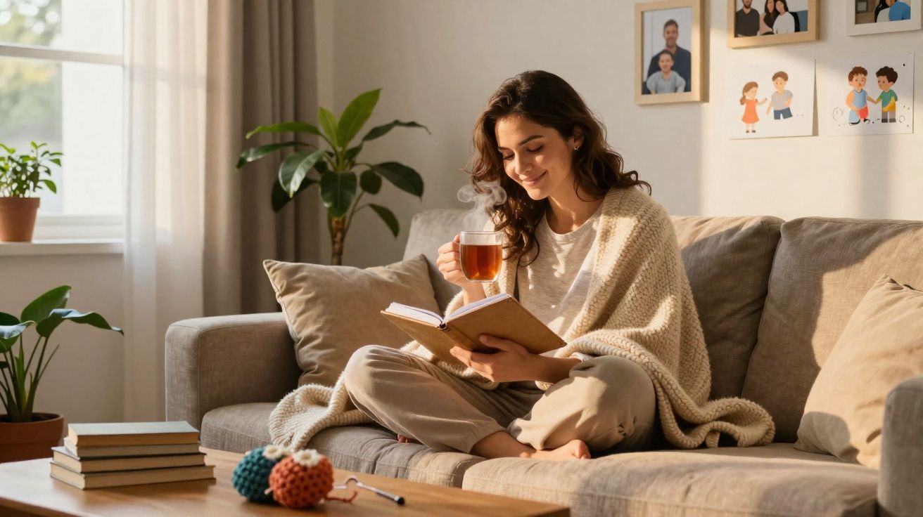 Mulher sentada no sofá a ler um livro e a beber chá numa sala acolhedora com plantas e quadros na parede.