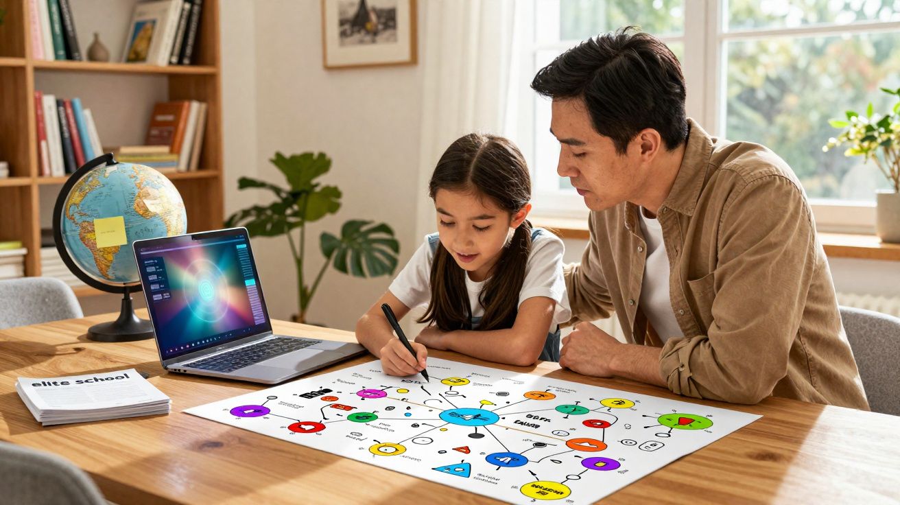 Pai ajuda filha com mapa colorido enquanto estudam juntos numa sala iluminada.