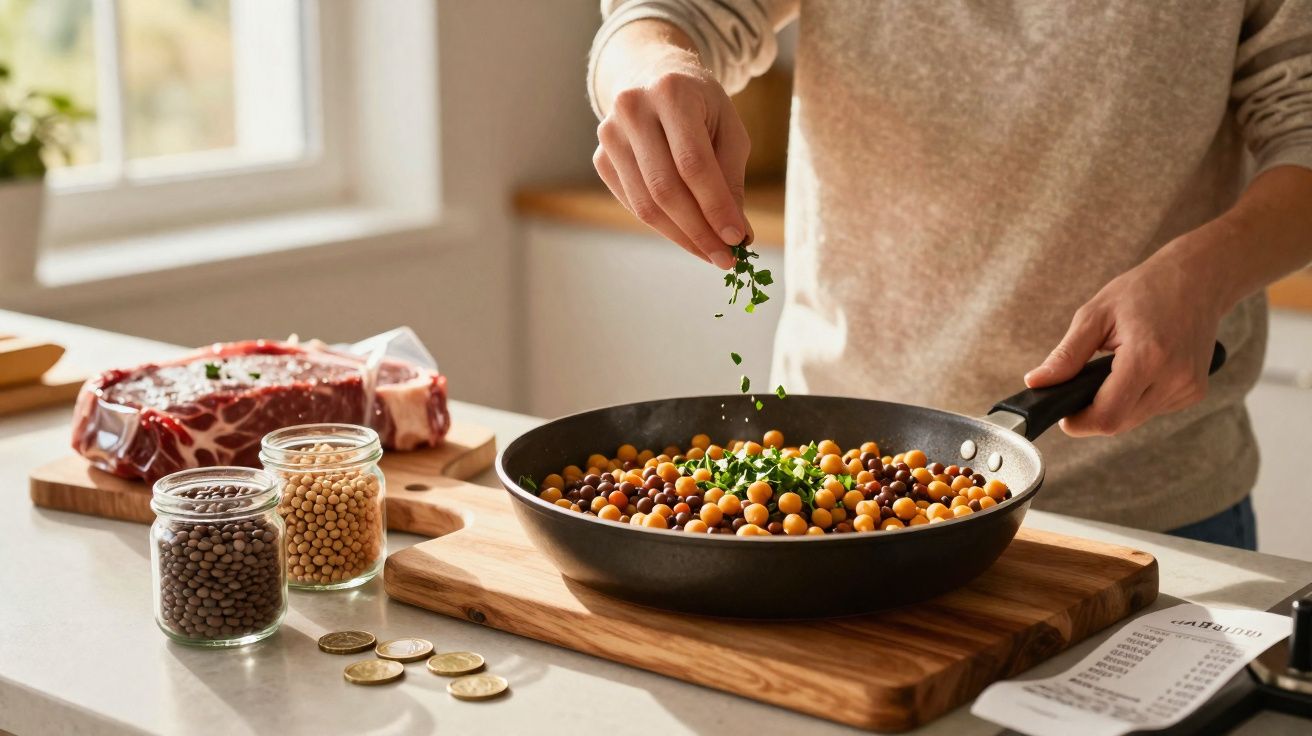 Pessoa a temperar grão-de-bico e feijão numa frigideira numa cozinha iluminada com ingredientes e carne ao lado.