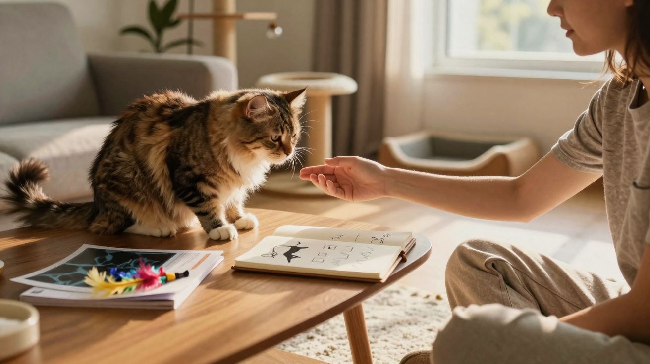 Gato sentado sobre mesa de madeira com livros enquanto pessoa lhe estende a mão numa sala iluminada.