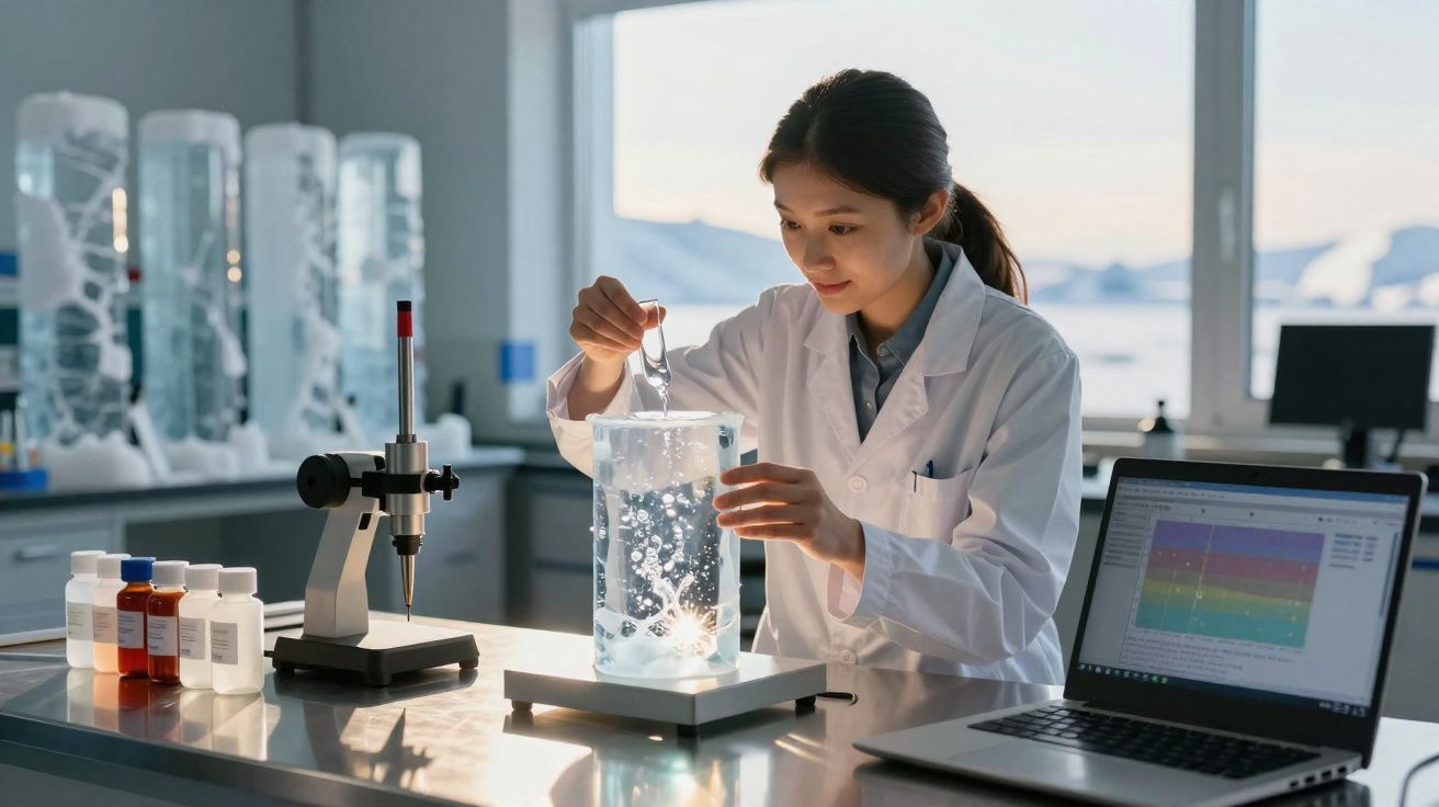 Mulher cientista em laboratório a mexer preparado químico em recipiente transparente iluminado.