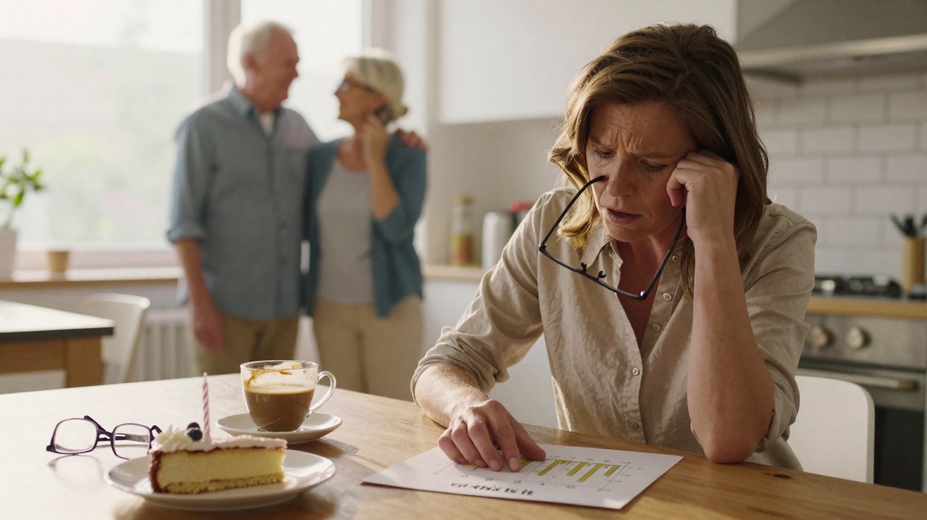 Mulher preocupada lê documentos financeiros na cozinha, casal idoso abraçado ao fundo.