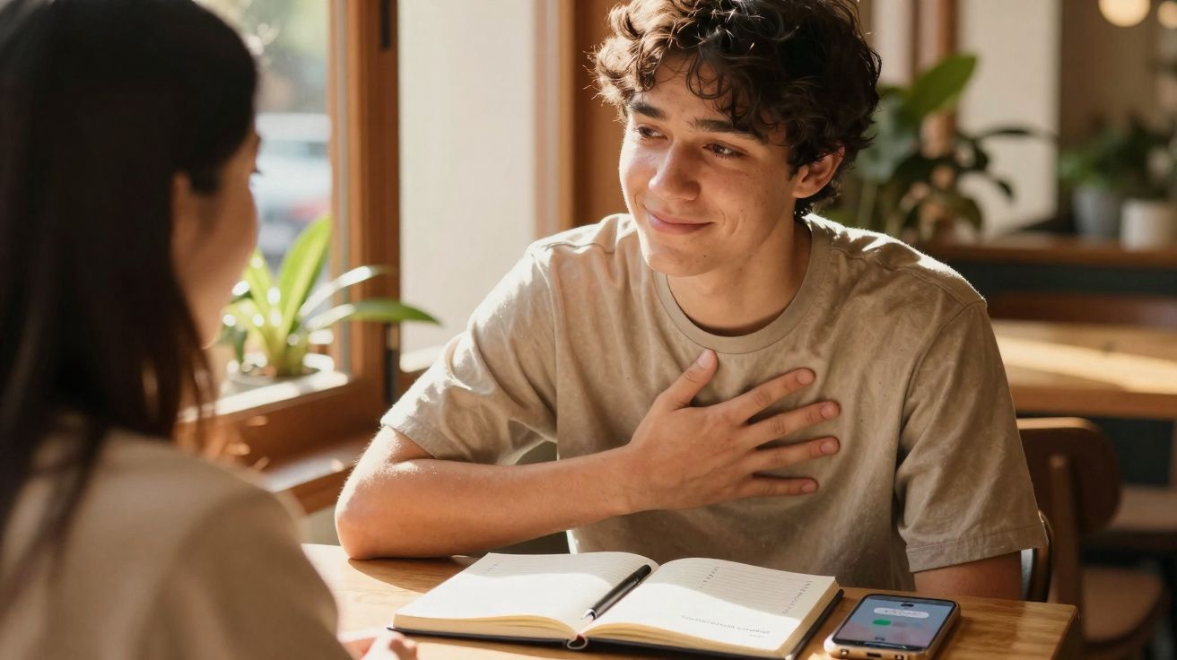 Jovem a sorrir com a mão no peito enquanto conversa com outra pessoa num ambiente acolhedor.