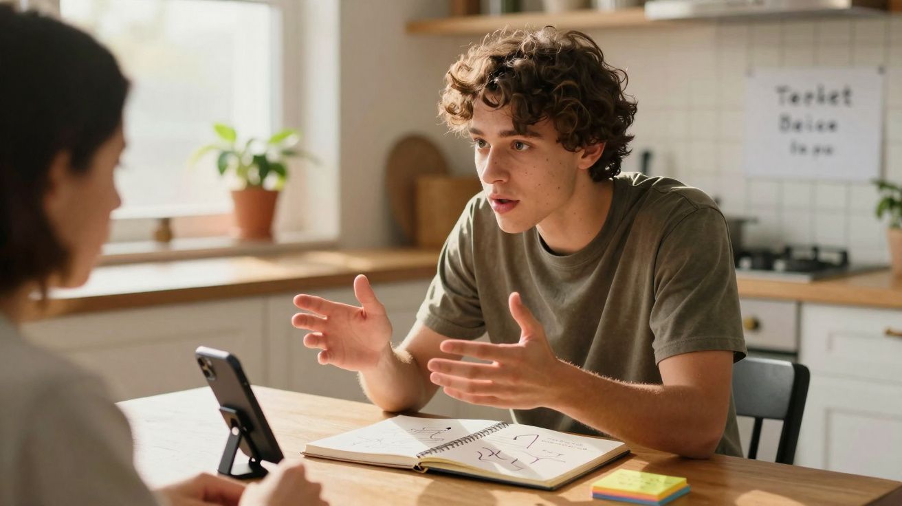 Jovem explica ideias para outra pessoa durante conversa, com caderno aberto e telemóvel em suporte na mesa.