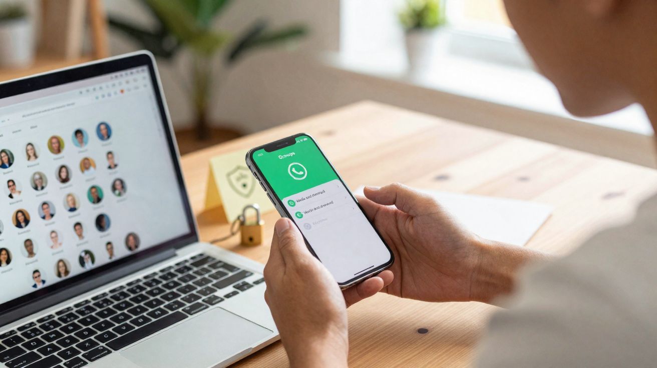 Pessoa a usar smartphone com aplicação WhatsApp aberta, ao lado de portátil com fotos de contacto visíveis.