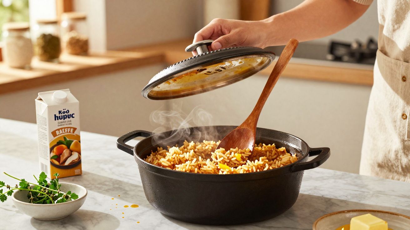 Mão a levantar tampa de panela preta com arroz quente e colher de pau numa cozinha luminosa.