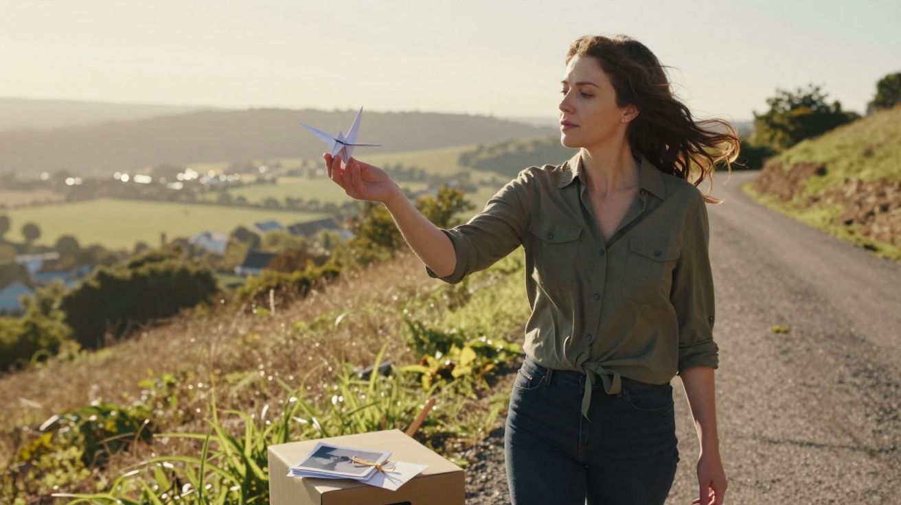 Mulher numa estrada rural segura um pássaro de papel com uma paisagem campestre ao fundo ao pôr do sol.